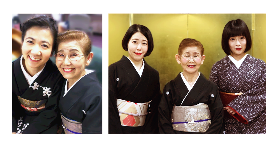 (左)一番弟子 さくら、豊子(右)三番弟子 まみ、豊子、二番弟子 美舟